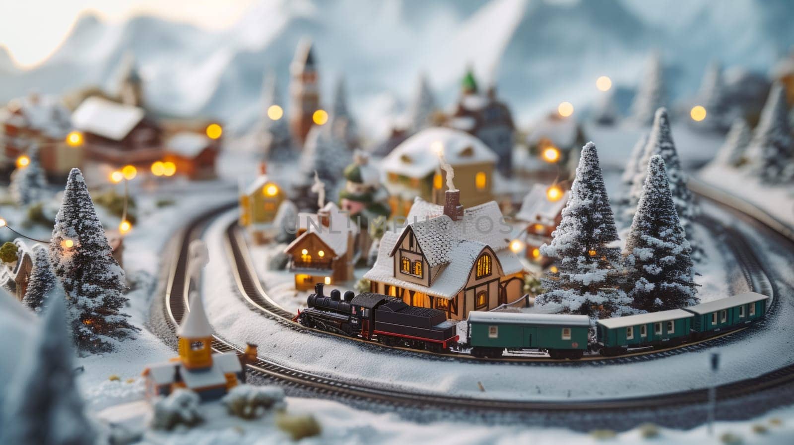 Retro Toy landscape with village in winter with railway station. generative ai