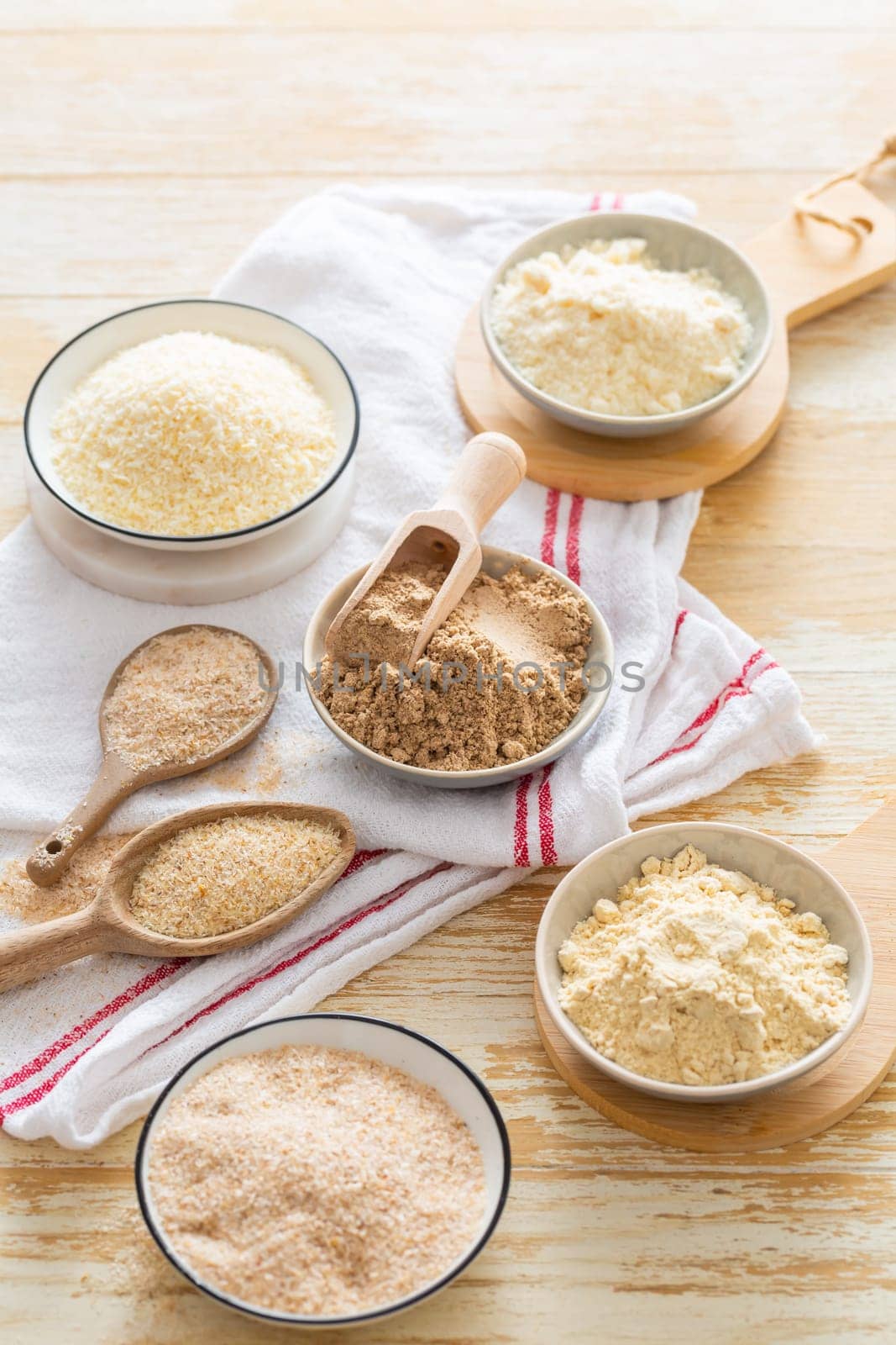 Assortment of various gluten free flour,  without carbohydrate (almond and coconut flour, psyllium husk powder, rough-ground flaxseed flour)