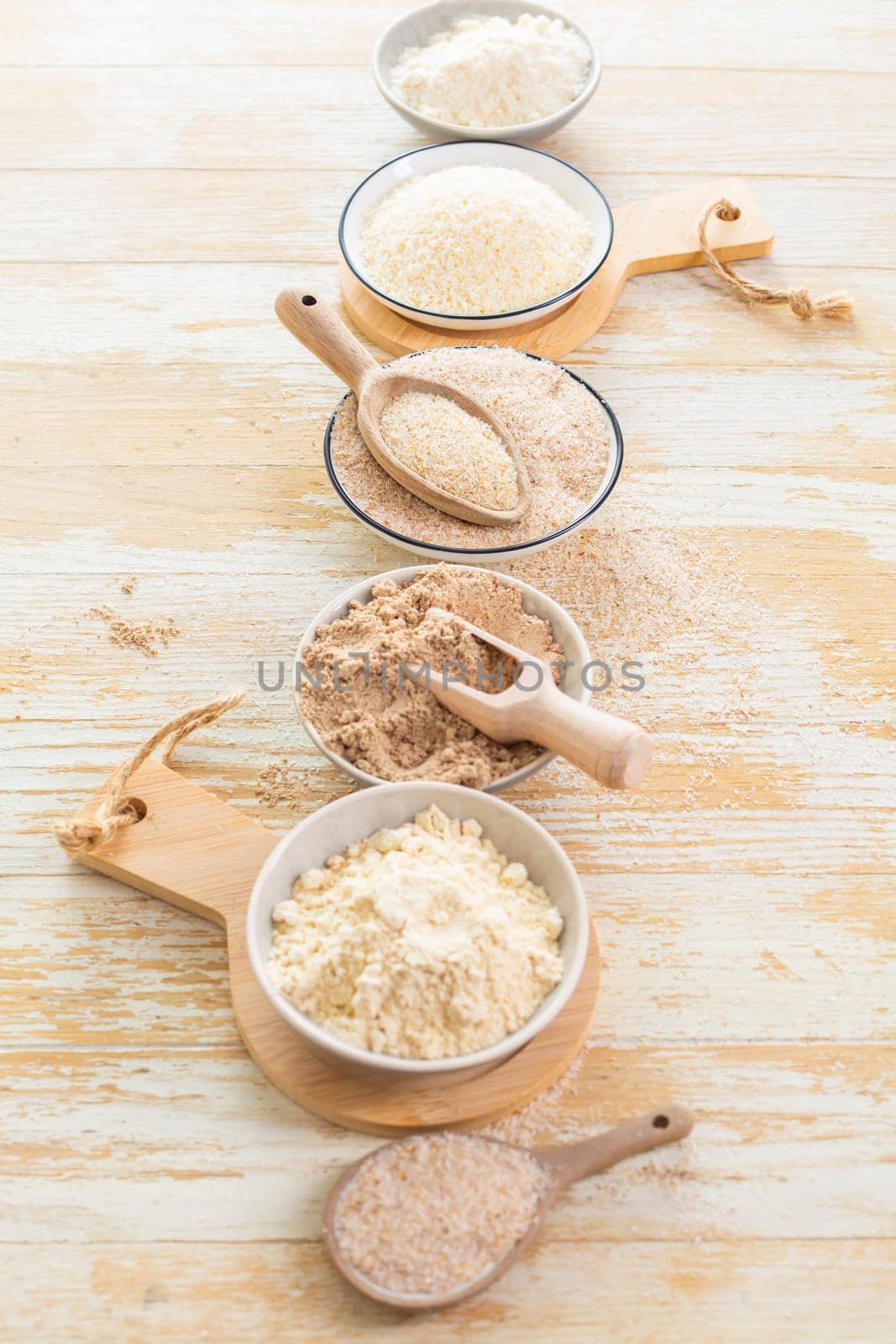 Assortment of various gluten free flour,  without carbohydrate (almond and coconut flour, psyllium husk powder, rough-ground flaxseed flour)