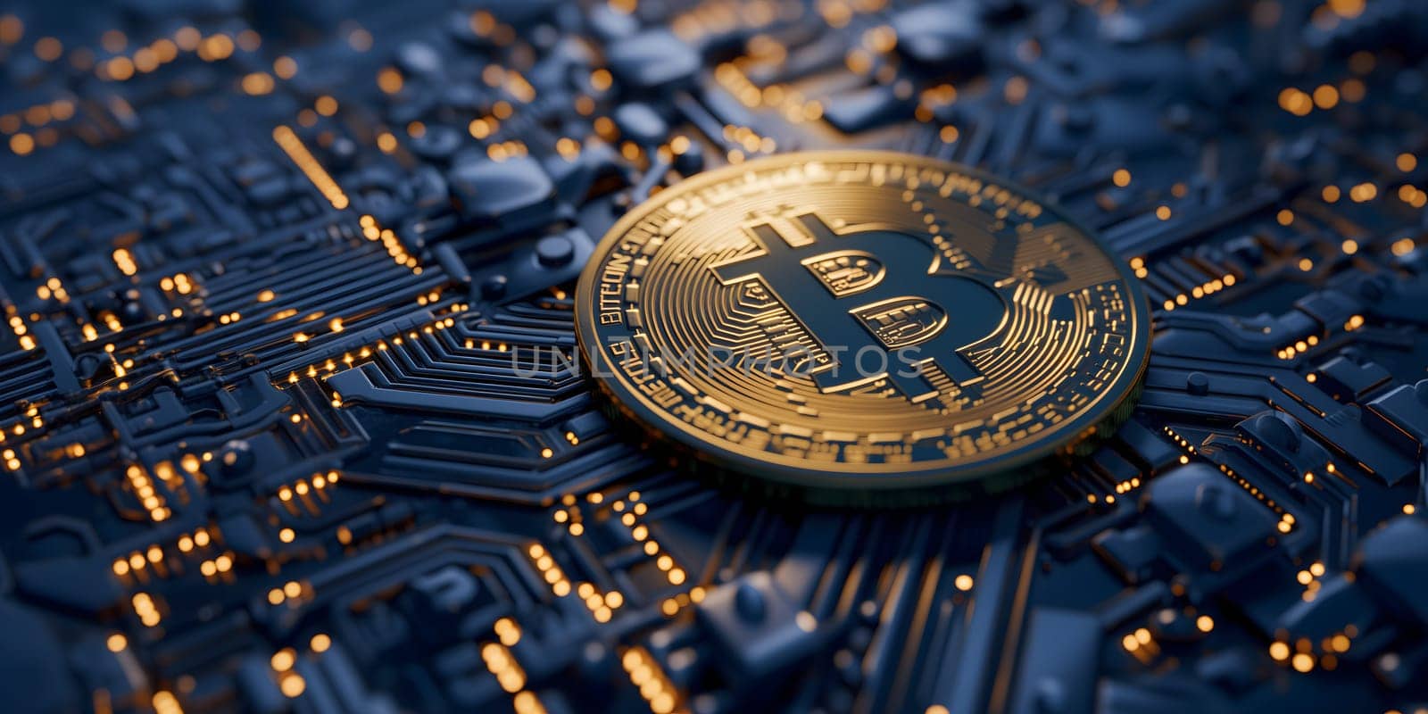 Bitcoin shiner laid over circuit board. Neural network generated image. Not based on any actual person or scene.