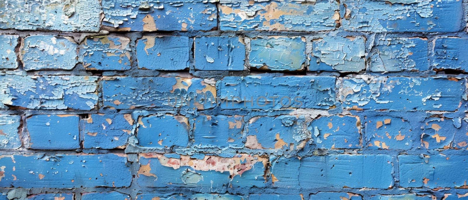 A close-up of cerulean blue peeling paint on brick, telling a tale of urban texture and the enduring charm of imperfection