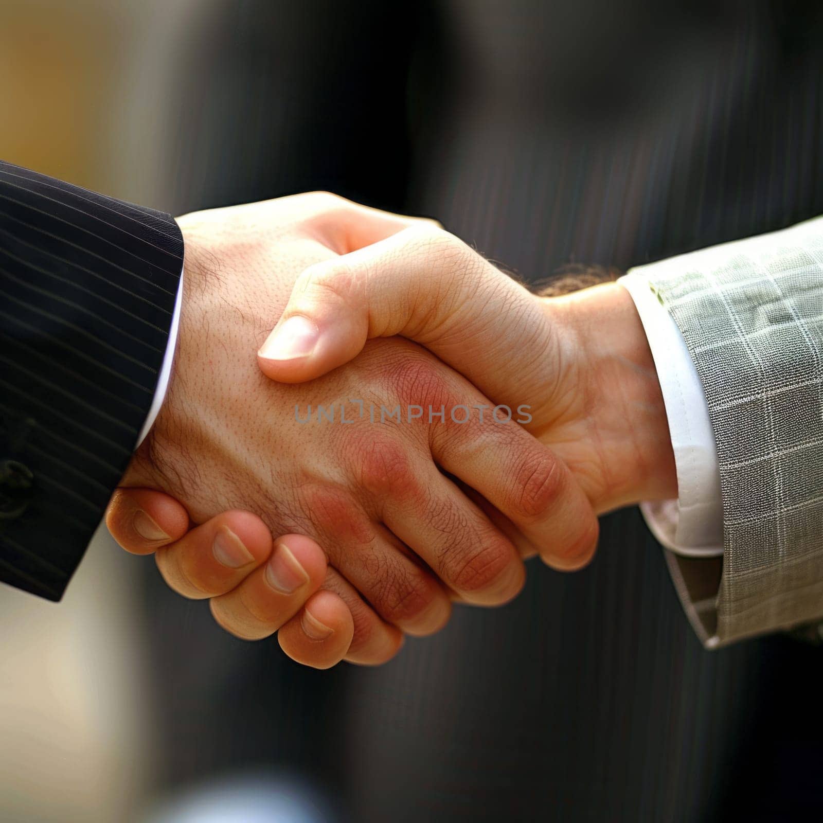 Close-up of two professionals in suits shaking hands indoors with natural light. Good deal