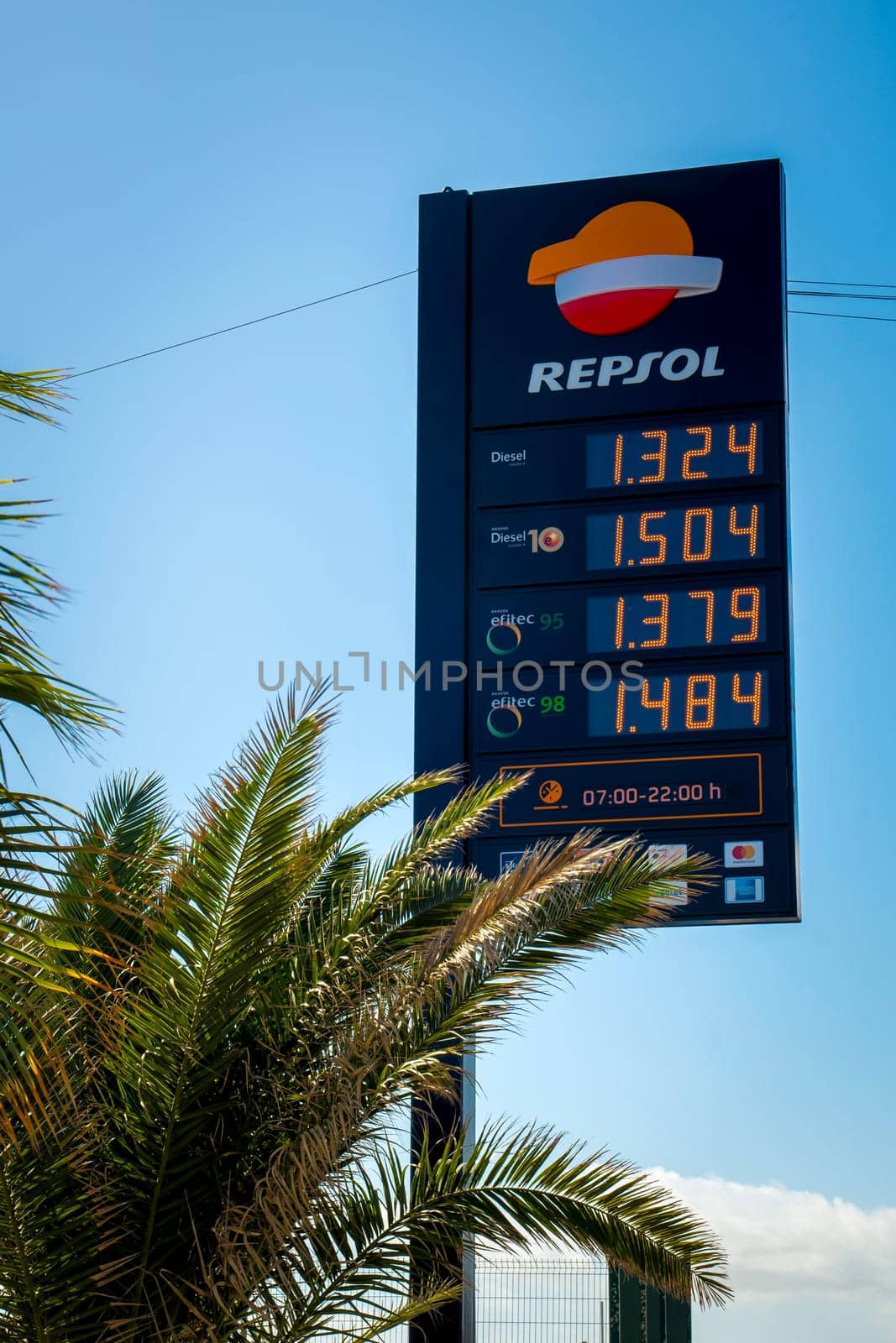 Puerto Del Rosario, Spain, February 16th 2024: View on Repsol gas station fuel prices