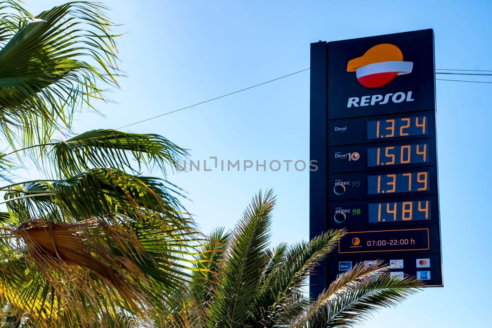 Puerto Del Rosario, Spain, February 16th 2024: View on Repsol gas station fuel prices