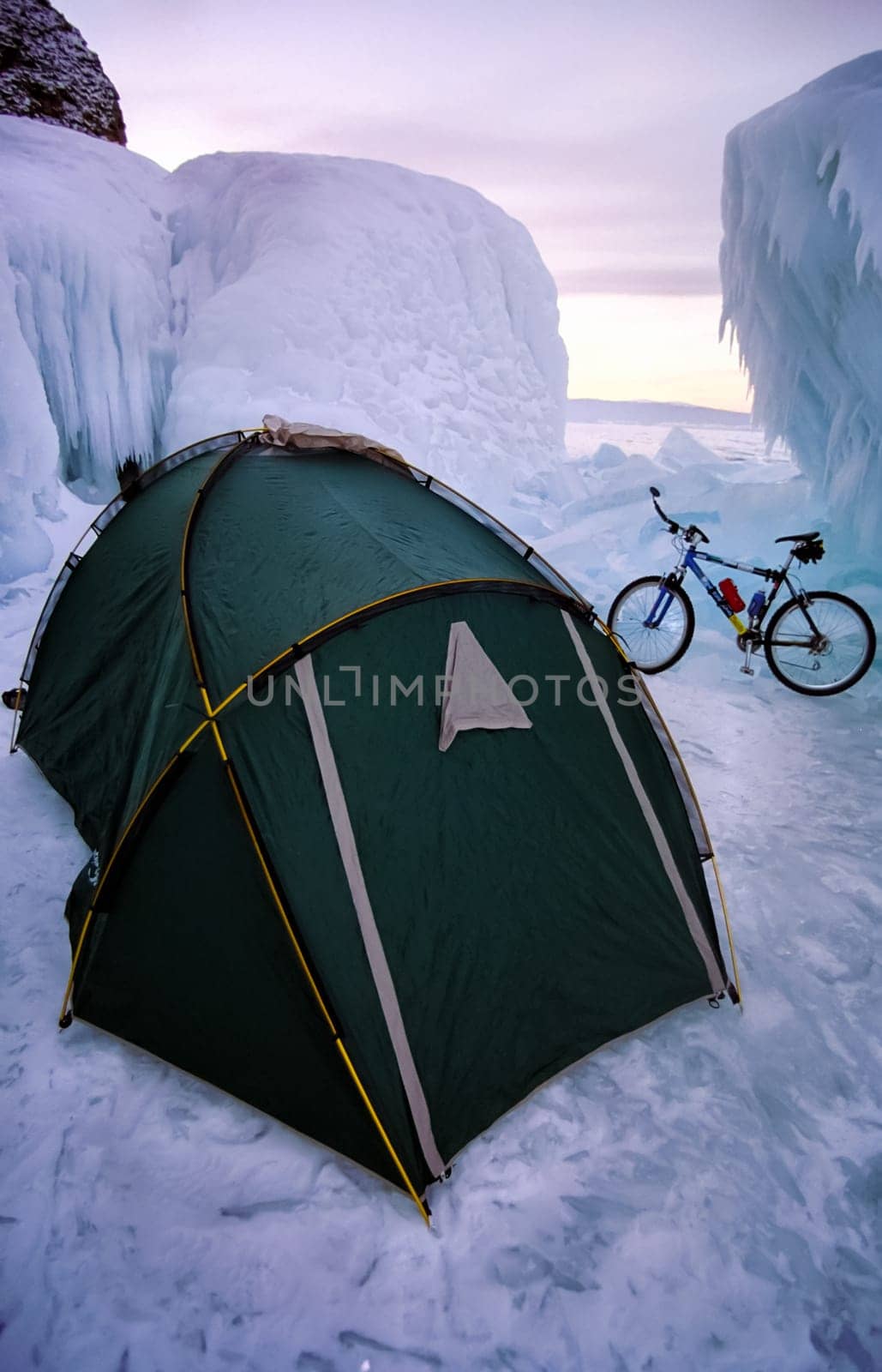 Baikal, Russia - February 24, 2015: Tent on the shores of Baikal, tourist rest