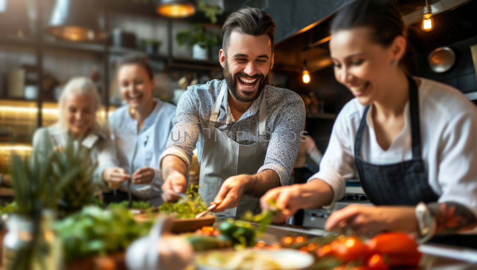Family preparing a meal together in a modern kitchen