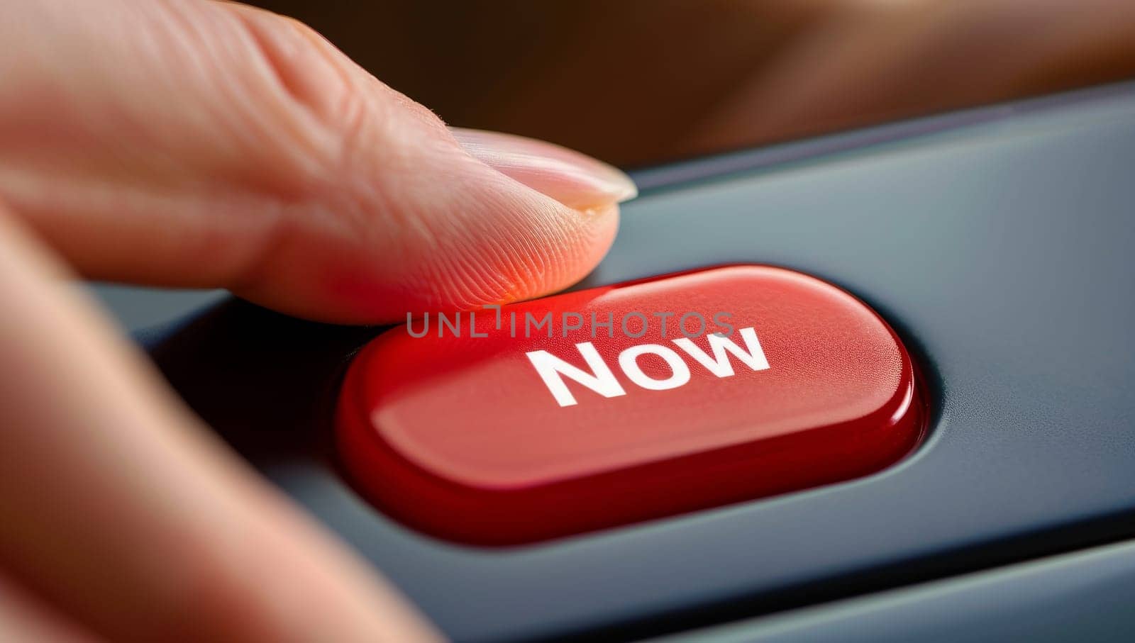Finger pressing a red NOW button on a sleek remote control