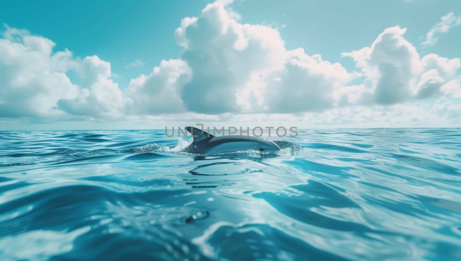 Dolphin leaping in bright blue ocean under white clouds