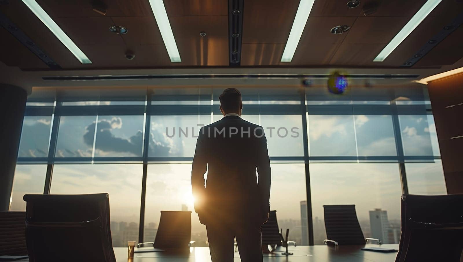 Rear view of a businessman standing in a modern office and looking out the window