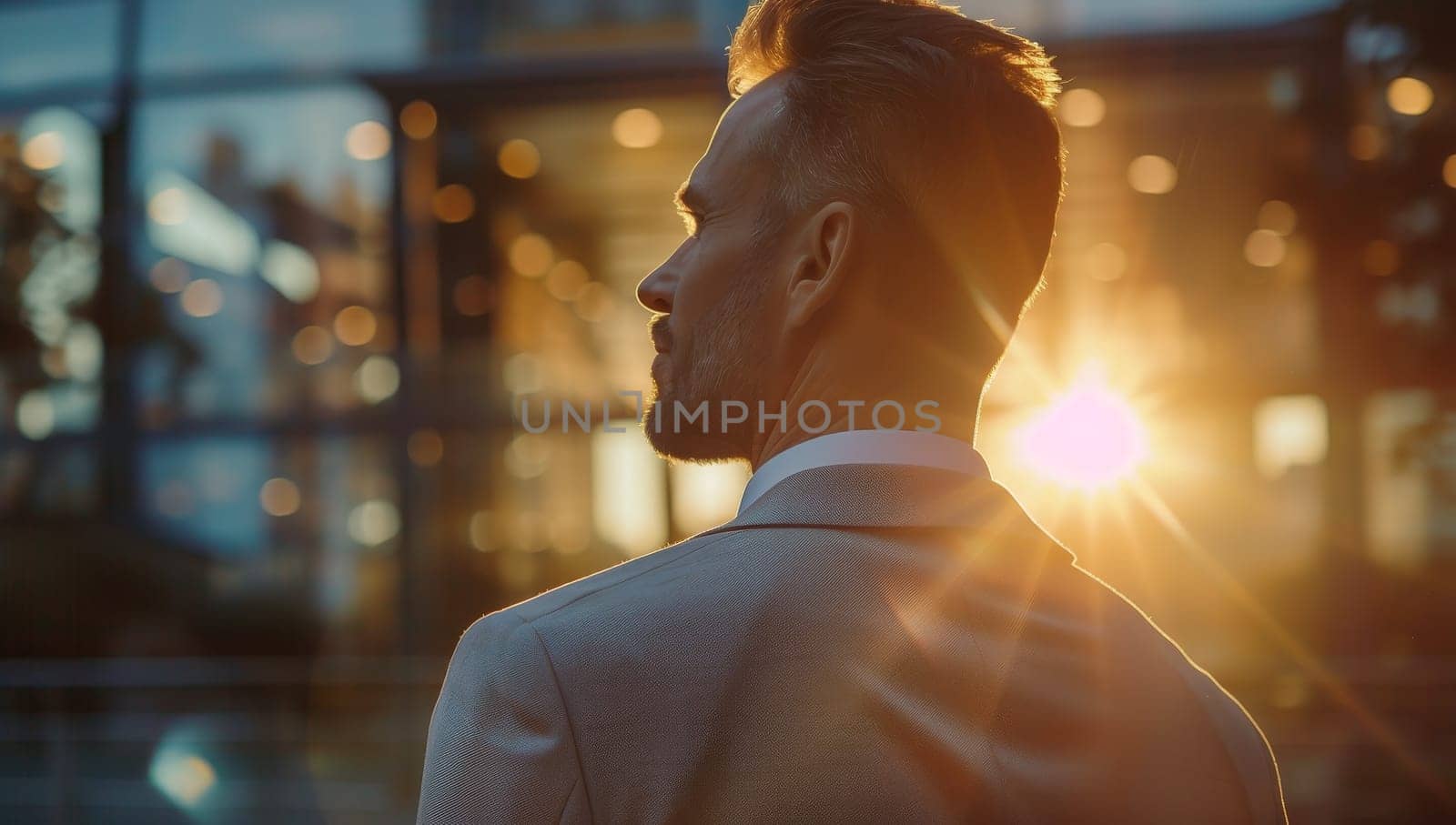 Young businessman in suit at sunset
