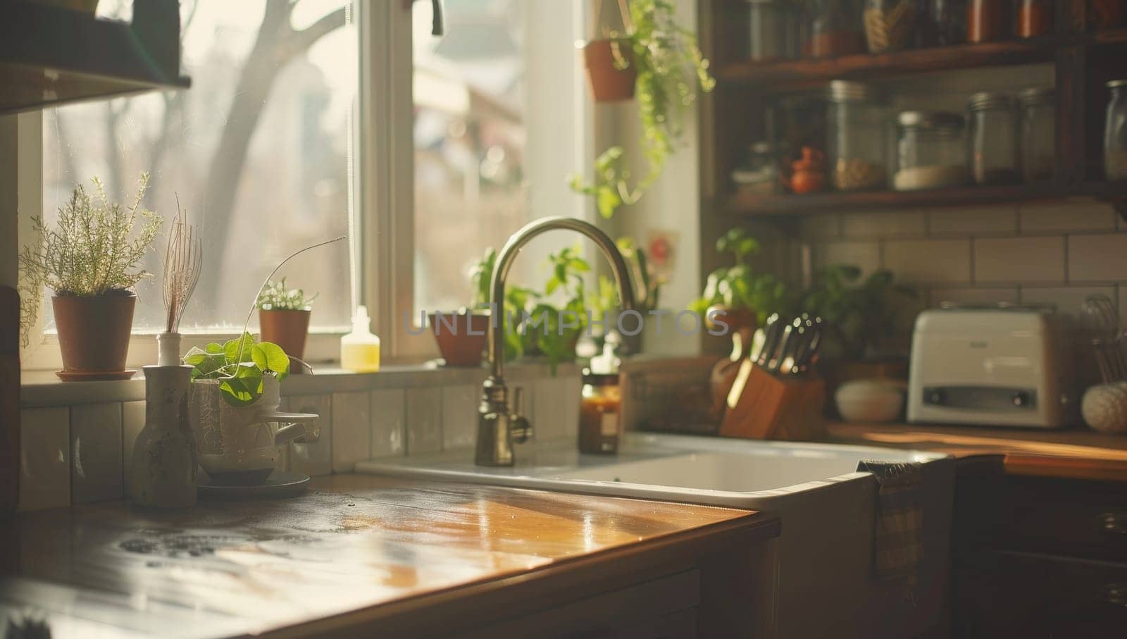 Kitchen interior with sink and faucet in sunny day.