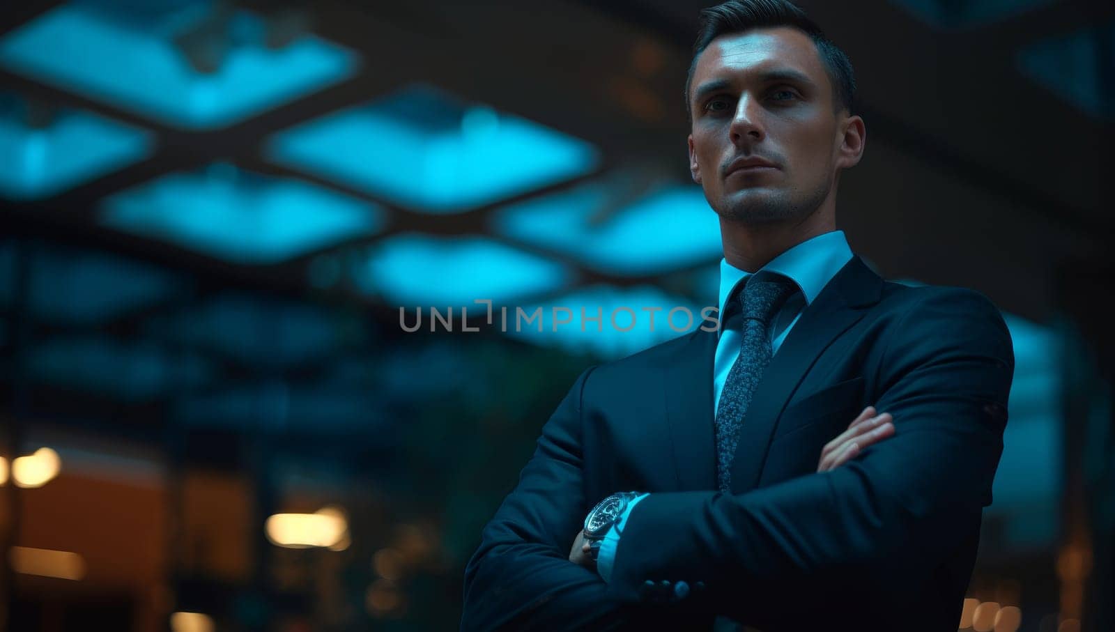 Confident businessman stands arms crossed at night