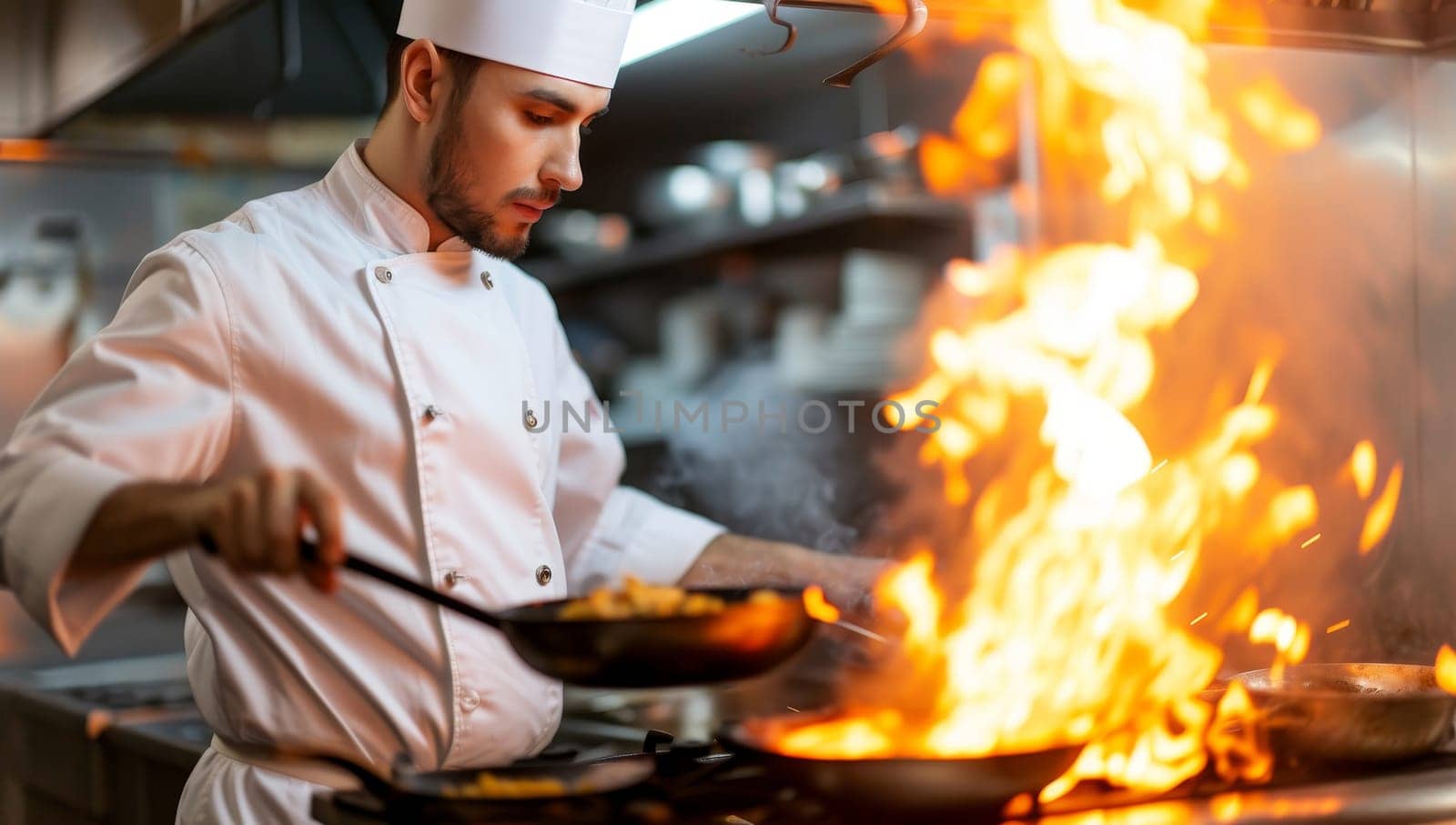 Chef skillfully flambeing dish in restaurant kitchen