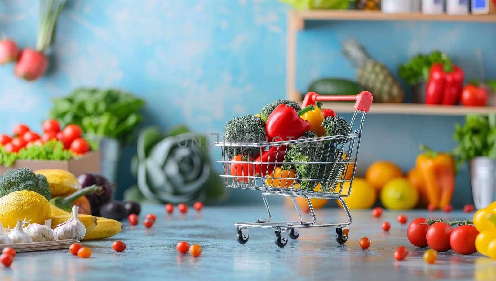 Shopping cart with fresh vegetables on table in kitchen, closeup
