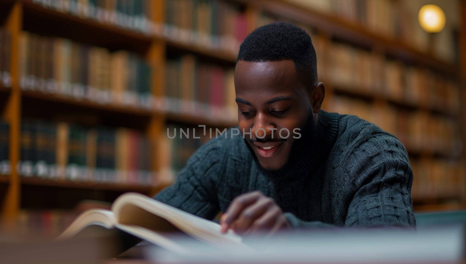 Engrossed African American man studying in university library