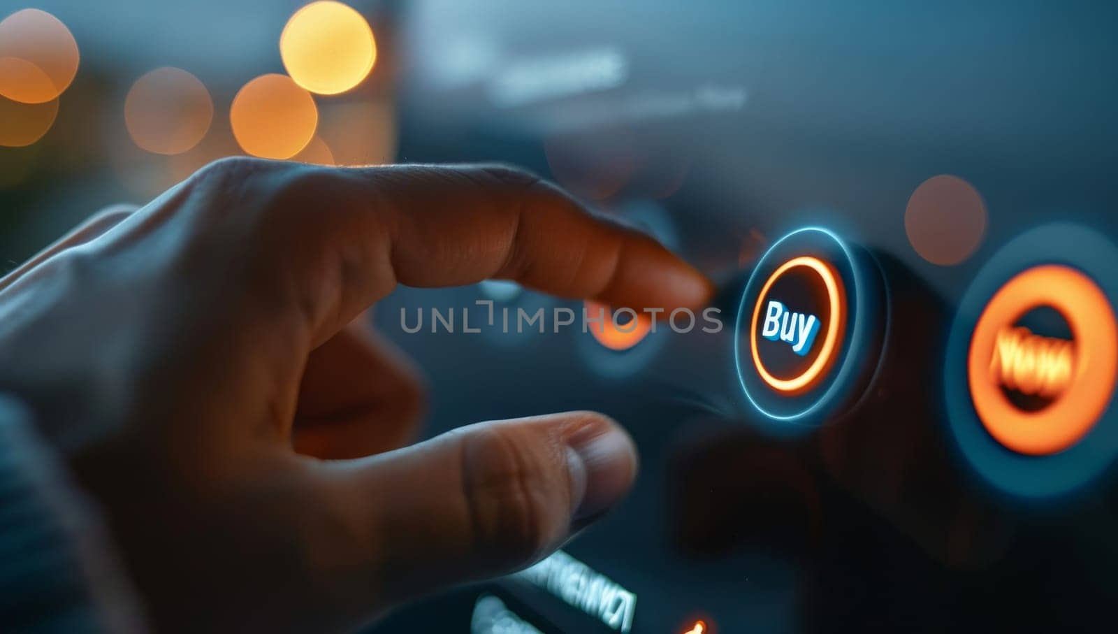 Man pressing illuminated buy button on car dashboard