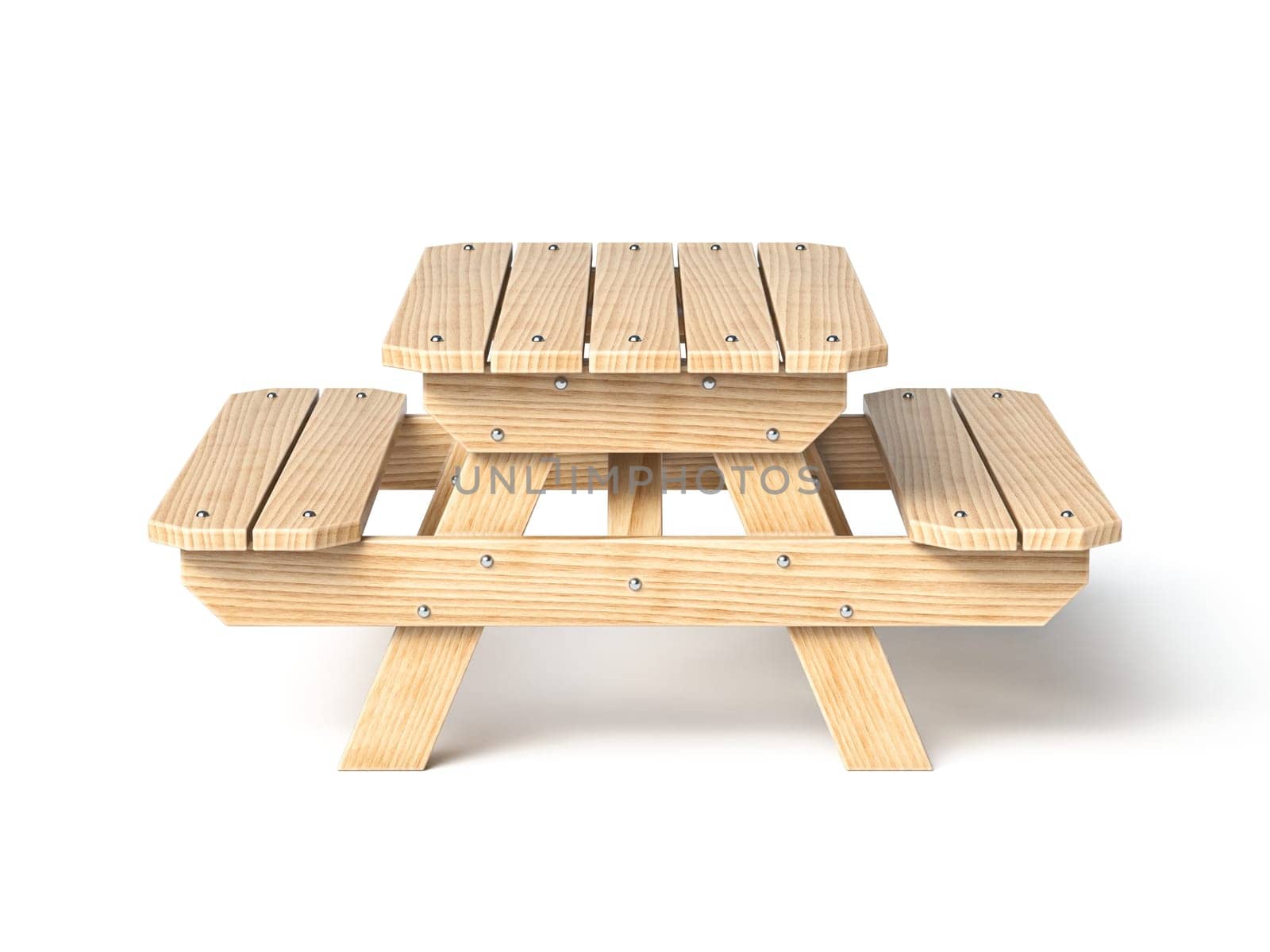 Wooden picnic table Front view 3D rendering illustration isolated on white background