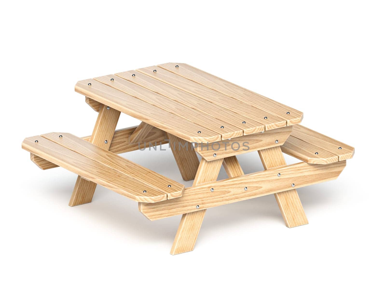 Wooden picnic table Top view 3D rendering illustration isolated on white background
