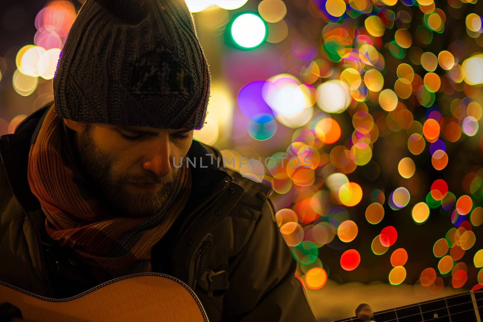A man is sitting in front of a decorated Christmas tree, strumming a guitar. The man appears focused as he plays the music, creating a festive atmosphere.