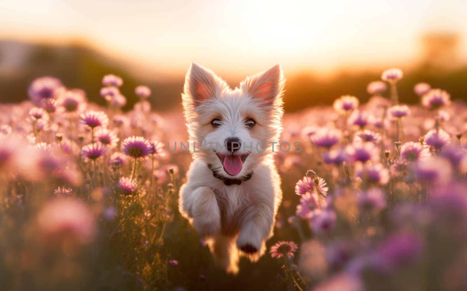 A white puppy running through a flower field in the sun, in the style of portraits with soft lighting.