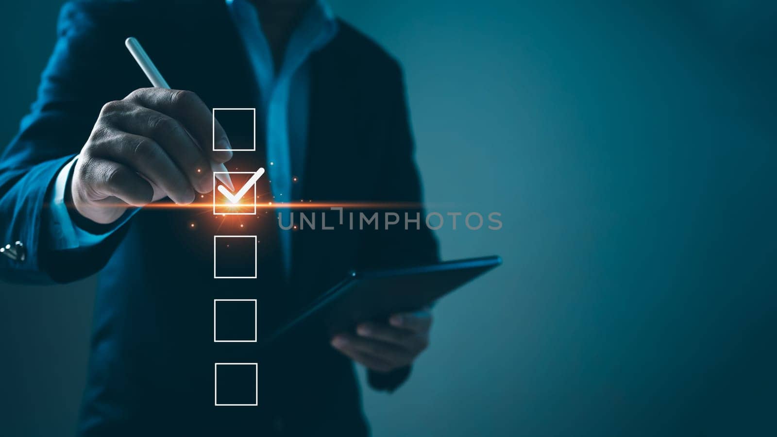 Checklist and filling survey form online. Document management system, DMS. Quality control and accuracy Check, Businessman using tablet online survey filling out, Business performance monitoring.