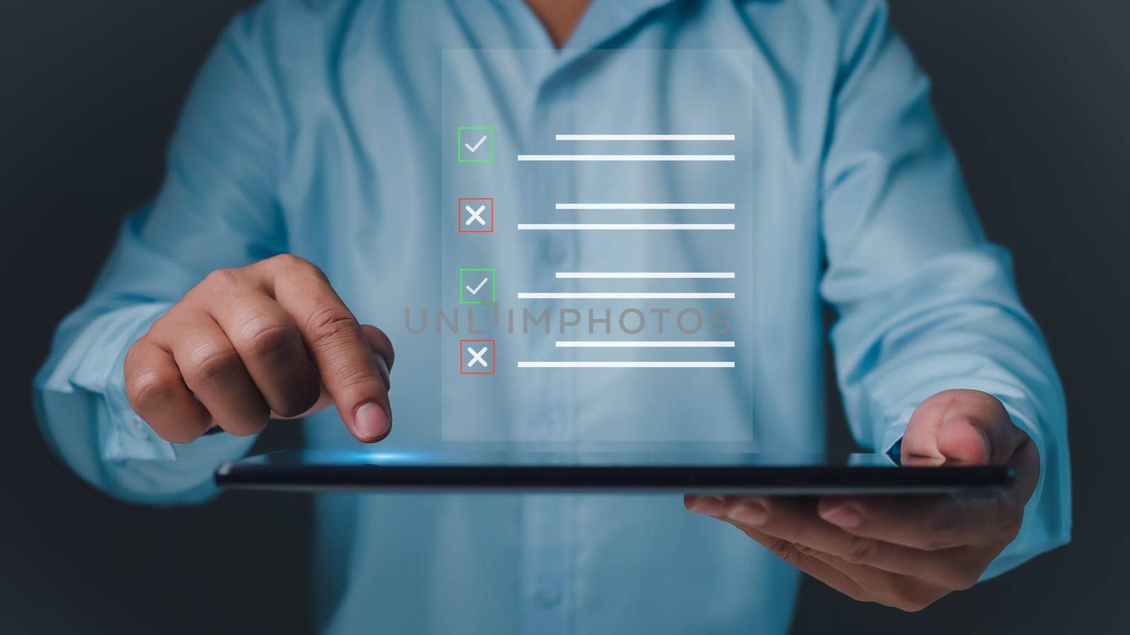 Checklist and filling survey form online. Document management system, DMS. Quality control and accuracy Check, Businessman using tablet online survey filling out, Business performance monitoring.