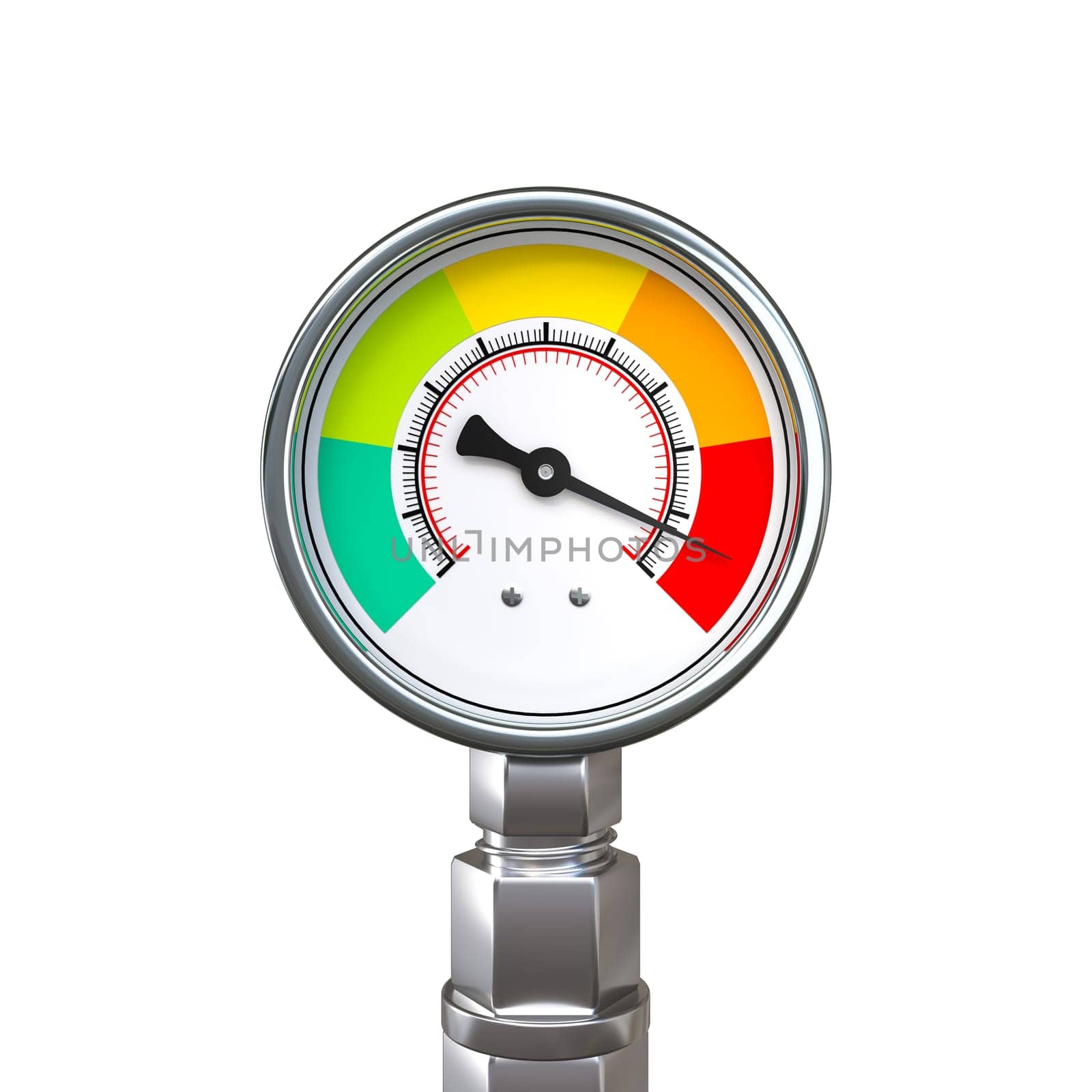 Close-up of a modern pressure gauge for industrial use, isolated on white background. 3d render