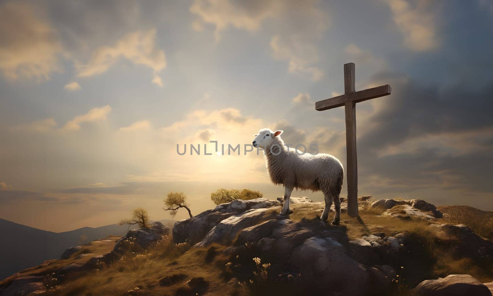 A cross on top of the mountain at sunset, bright sunbeam in the colorful sky background. Easter, Resurrection morning. Crucifixion of Jesus Christ. Good Friday, ascension day concept. Lamb in front
