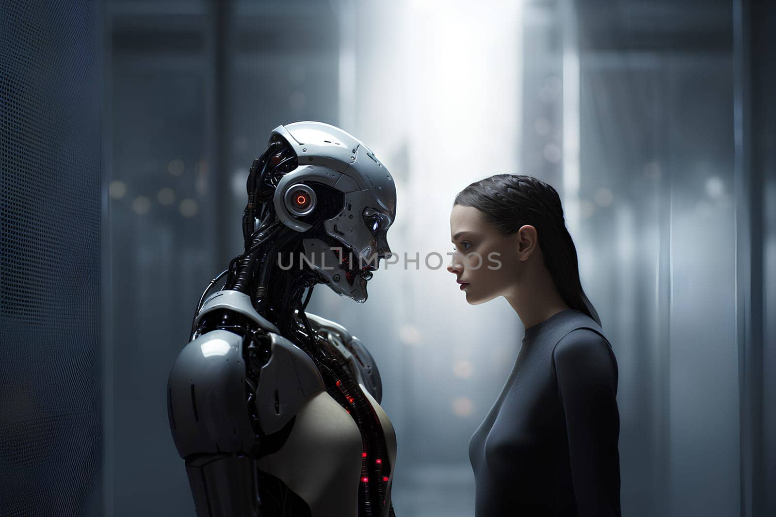 Woman face opposite AI. Eyes looking at each other. Man stand versus artificial intelligence. Human vs digital machine. Confrontation, competition, battle between humanity and humanoid robot, android