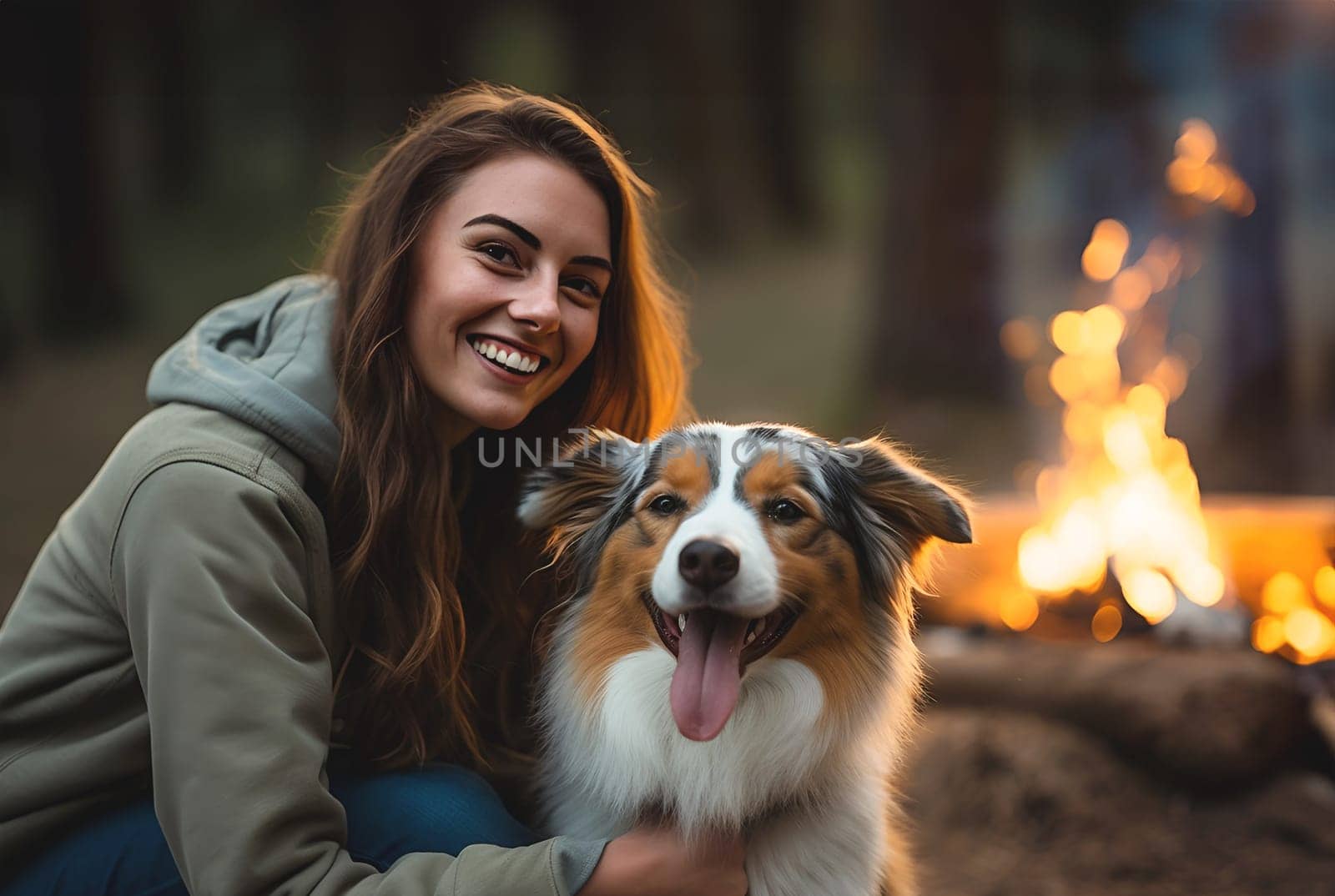 Happy young woman embracing, hugging three colour dog in park of forest in front of fire