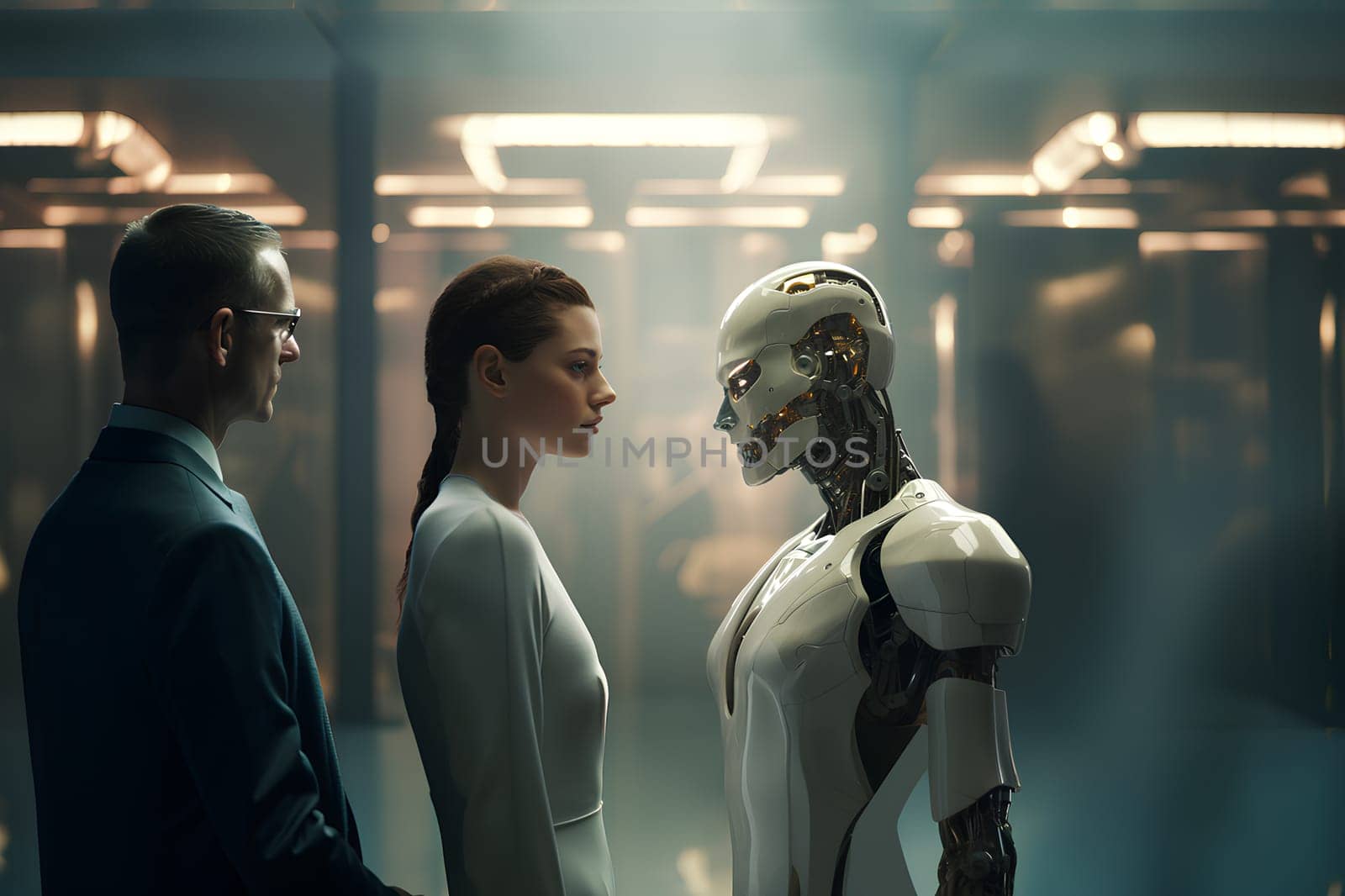 Woman face opposite AI. Man, businessman stand versus artificial intelligence. Human vs digital machine. Concept of confrontation between humanity and humanoid robot, android. Modern technology in lab