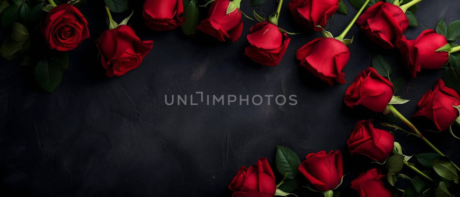 Red roses on black background with copy space. Neural network generated image. Not based on any actual person or scene.