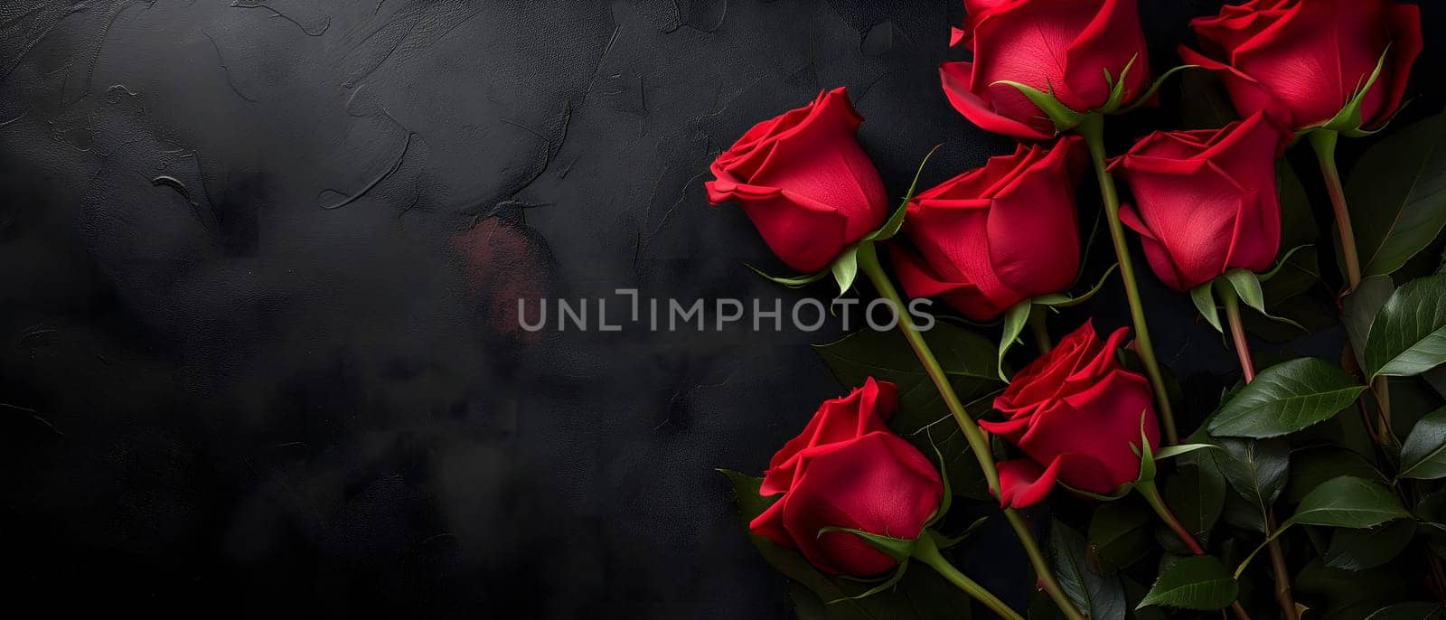 Red roses on black background with copy space. Neural network generated image. Not based on any actual person or scene.