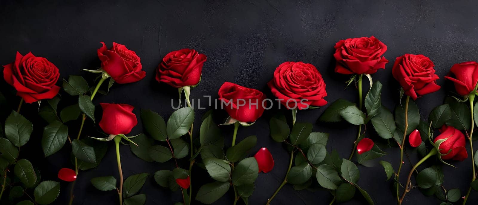 Red roses on black background with copy space. Neural network generated image. Not based on any actual person or scene.