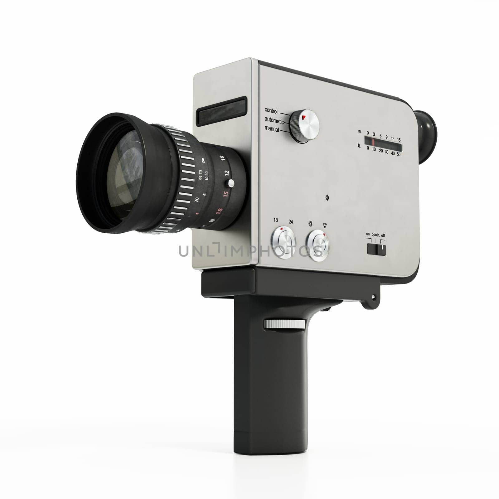 Antique Super 8mm film video camera isolated on white background. 3D illustration.