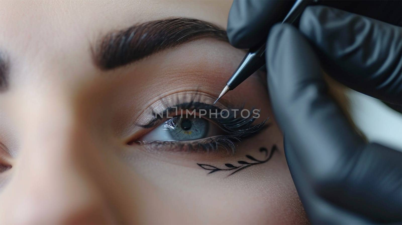 Close-up of eyeliner artistry on a woman's eye.