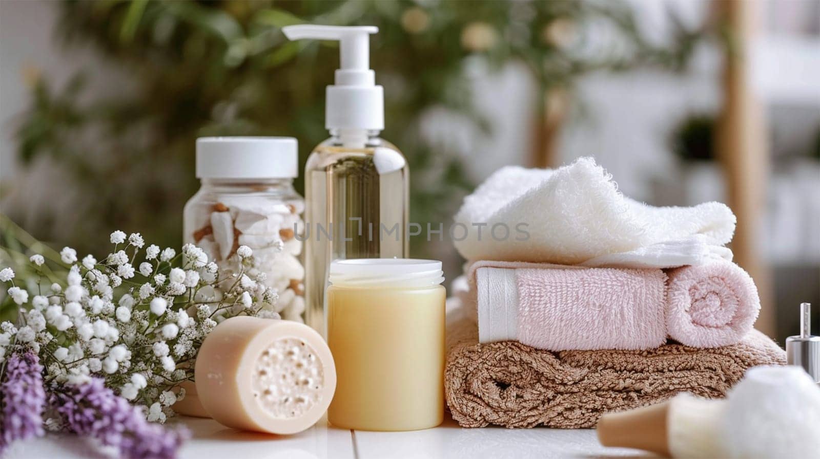 Spa essentials with flowers on neutral backdrop.