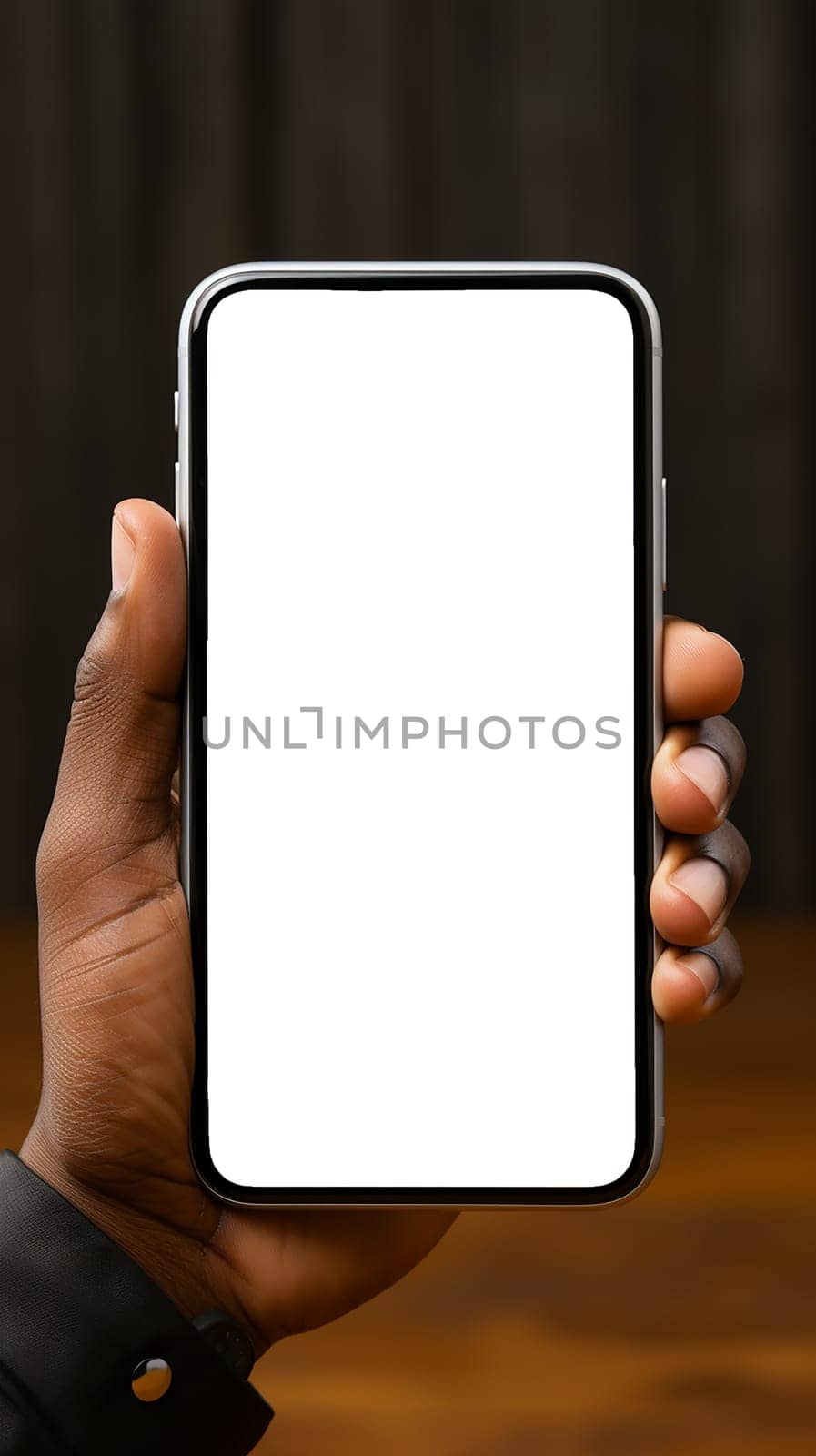 Close-up of a hand holding a smartphone with a blank screen on a dark background.