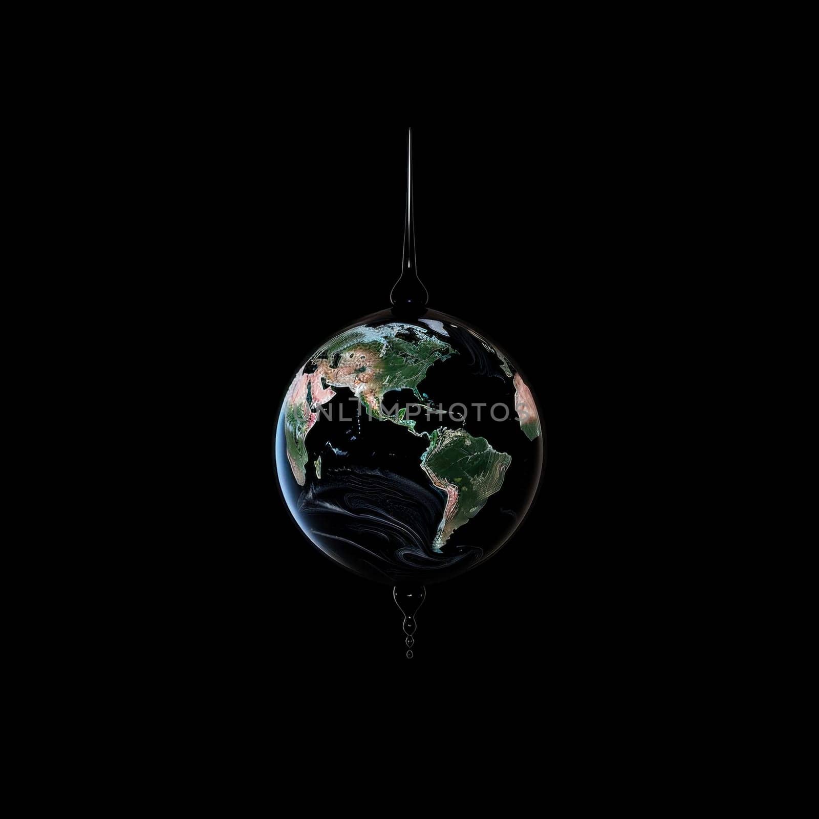 globe in the form of a falling drop of water on a black background. concept of protecting natural resources and protecting the environment, copy space