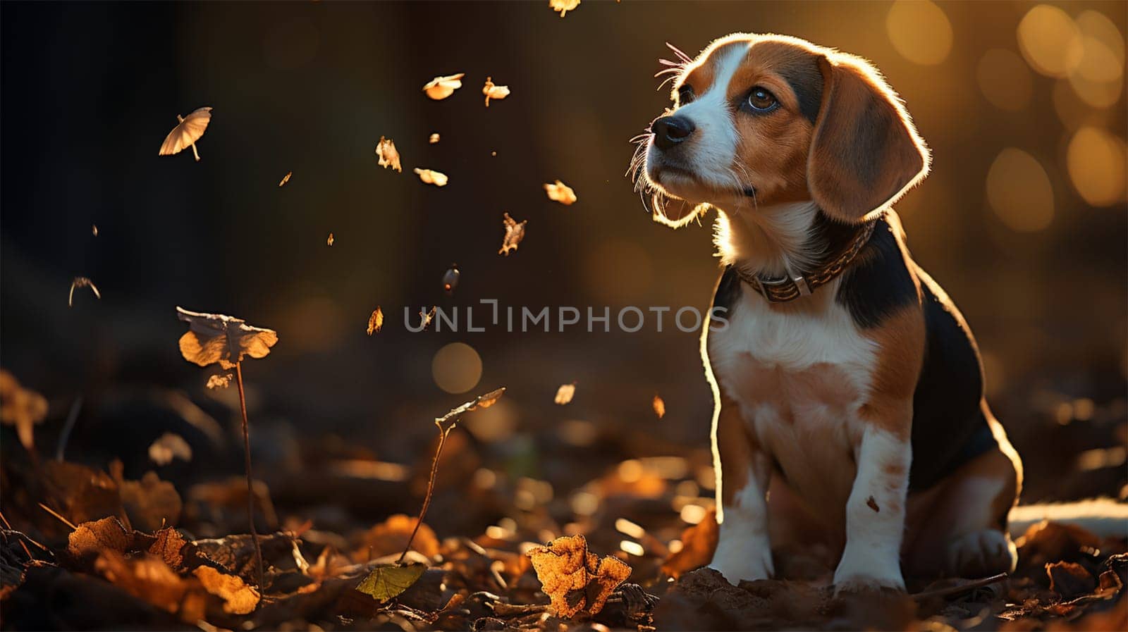 Beagle pup among fallen leaves, golden hour light.