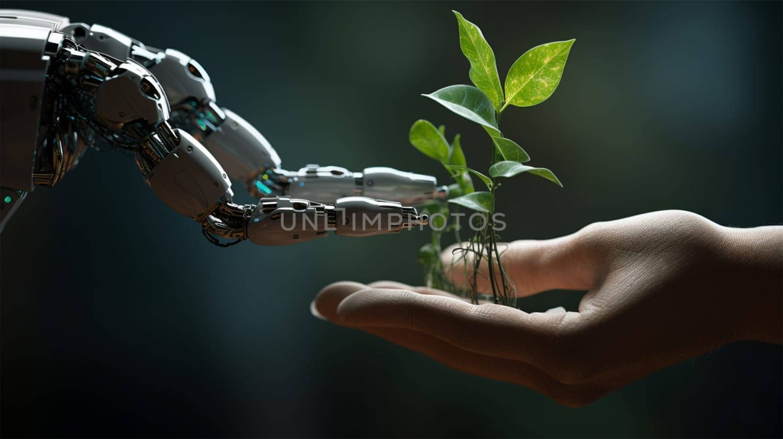 A robotic hand and a human hand interacting with a young plant sprout, symbolizing technology and nature synergy.
