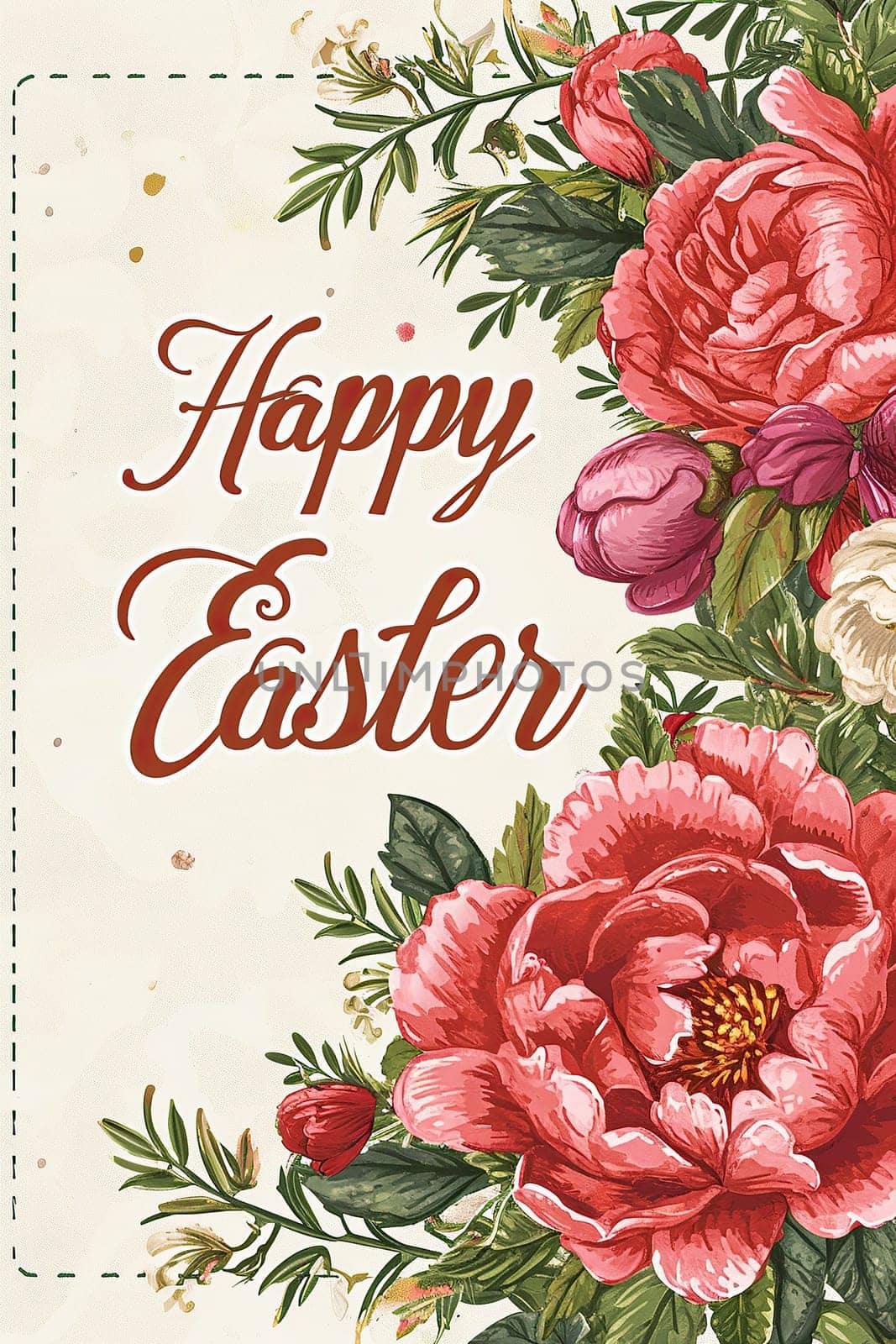 A vintage-inspired Happy Easter greeting card featuring elegant peony flowers and classic calligraphy on a textured background