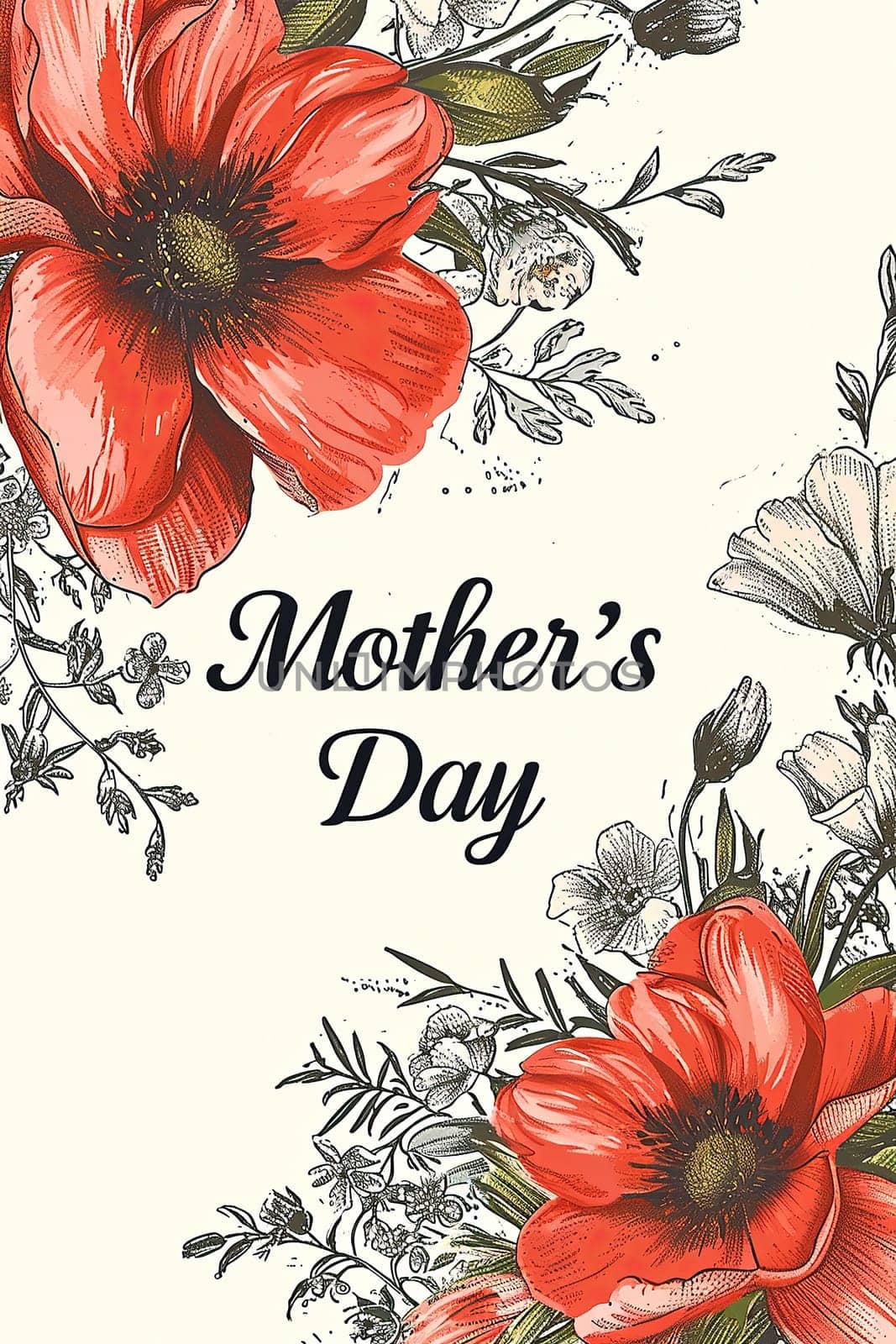 A Mother's Day greeting card featuring elegant red poppies and floral illustrations on a white background.