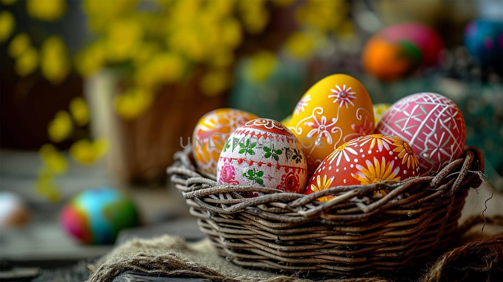 Vibrantly painted Easter eggs nestled in a rustic basket.