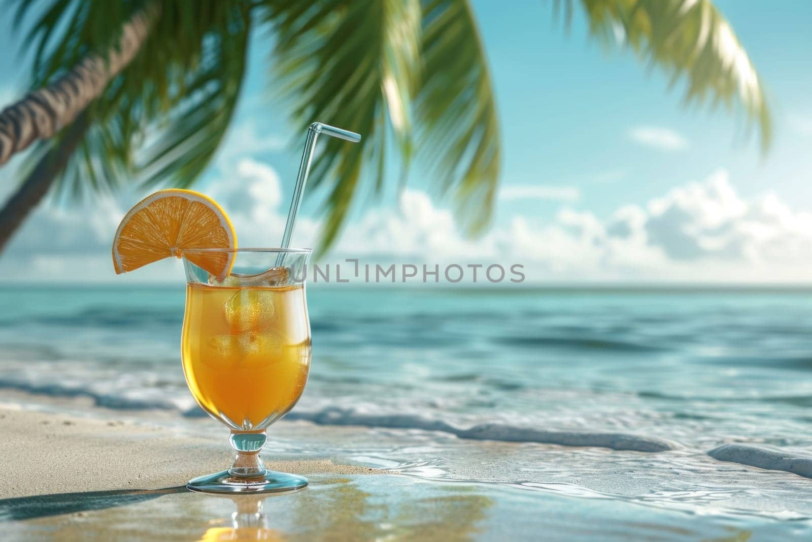 A chilled orange cocktail with an orange slice on the rim, standing on the sand on a tropical beach with palm leaves and ocean background.