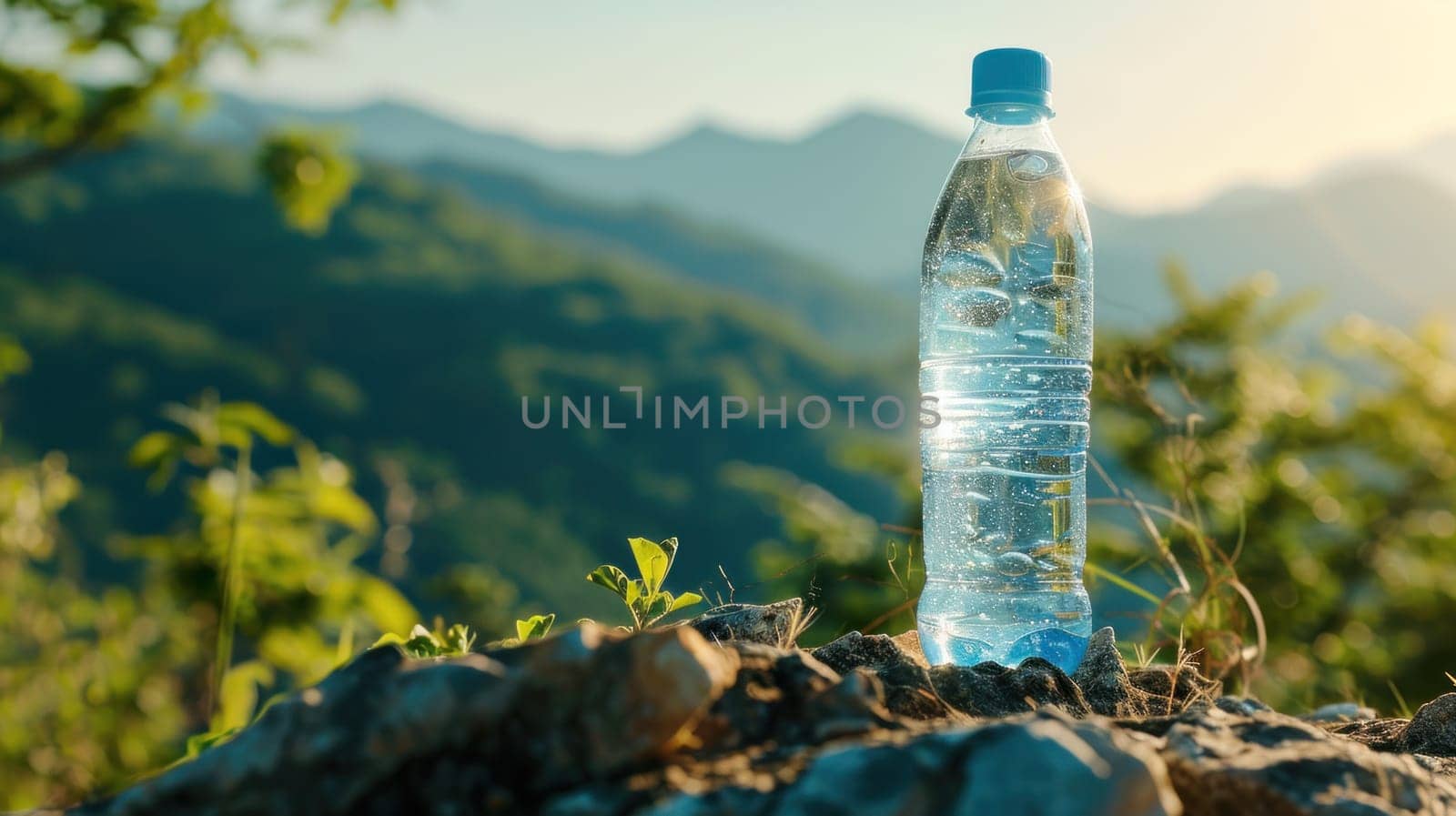 bottle of clean drinking water on a rock on a bright sunny day, mountains in the background