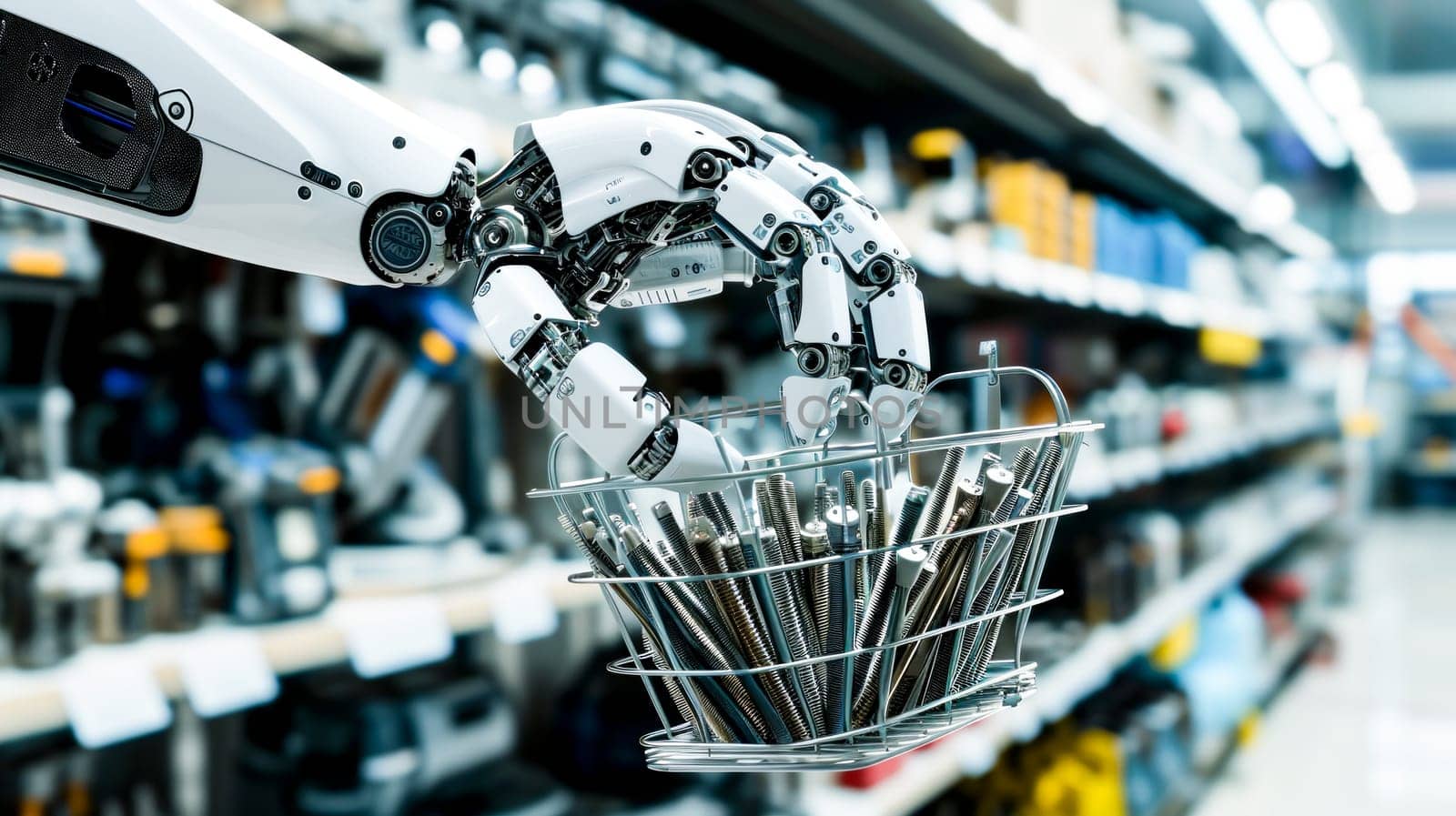 arm Autonomous robot shopping for metal parts using a metal cart in the aisles of a store.