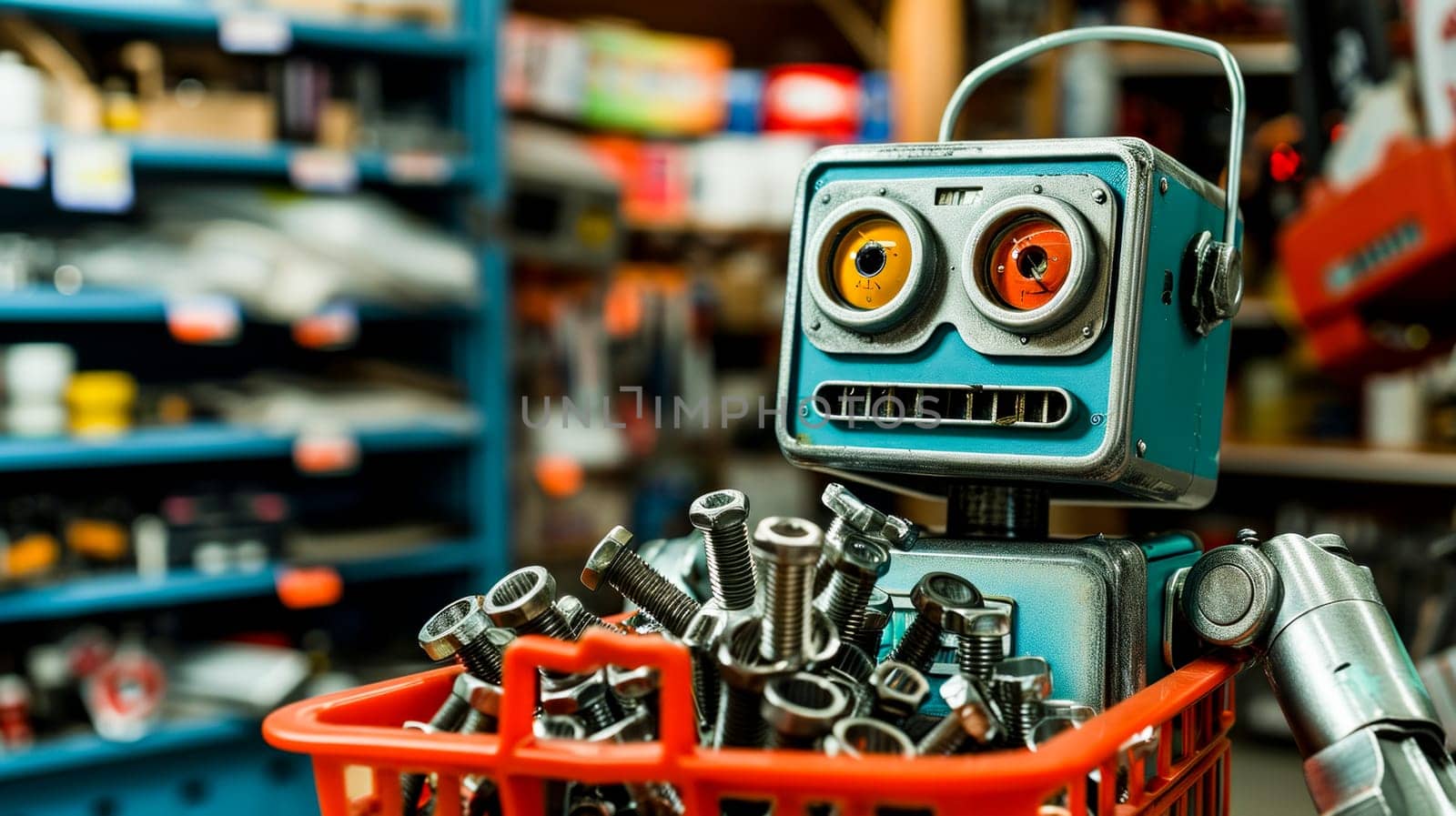 Quirky Robot Hardware Shopping.A whimsical robot filled with screws and bolts, shopping for hardware.