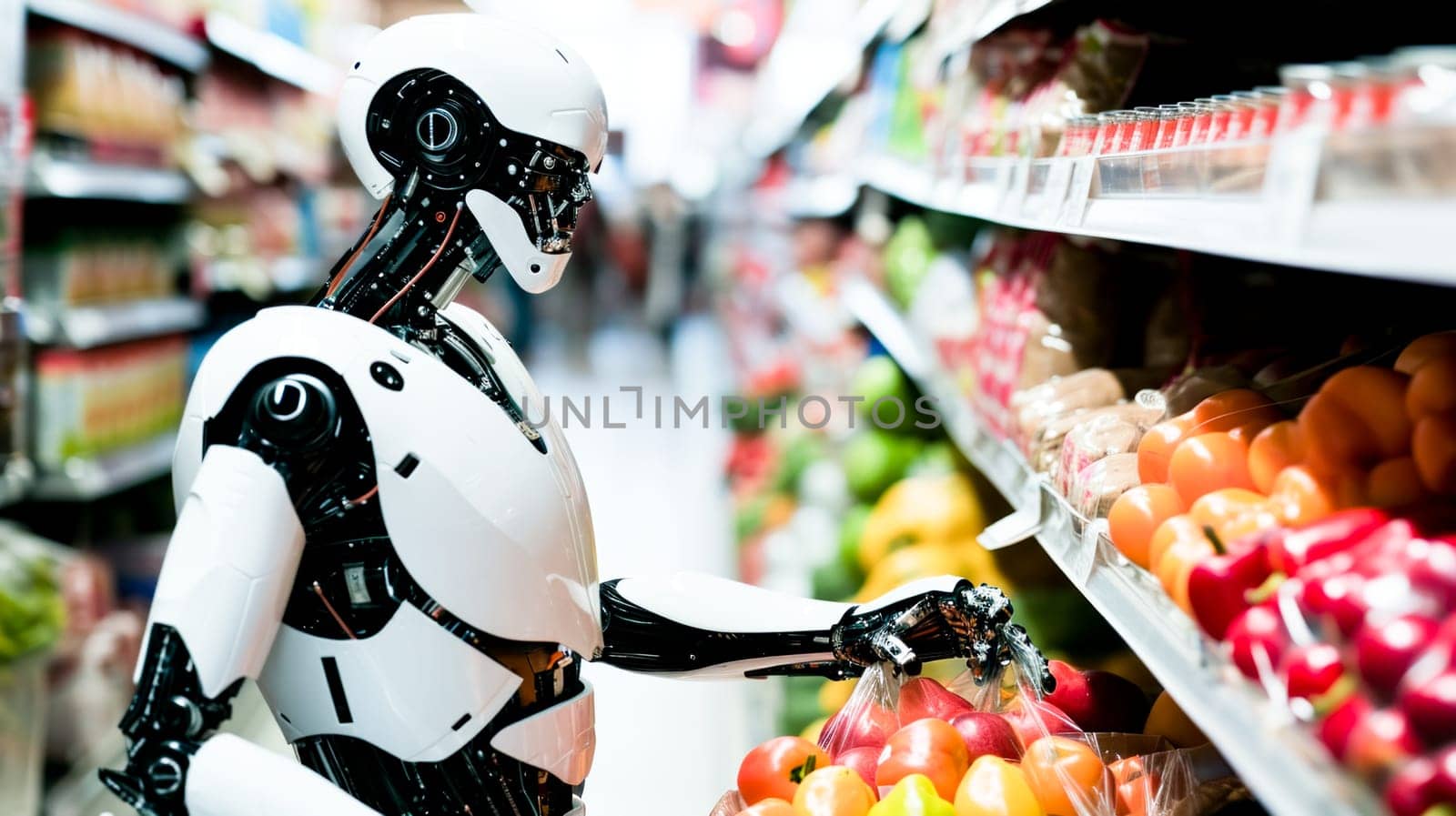 robot standing near the counter with vegetables and fruits in a grocery store.Robotic Shopping Assistant in Grocery Aisle.