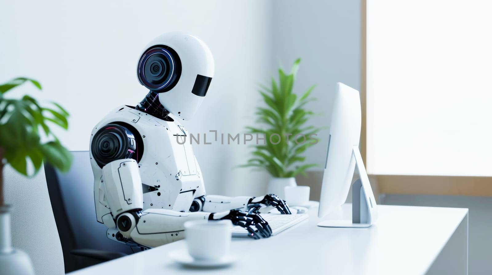 Humanoid robot in a white office at a desk working on a computer